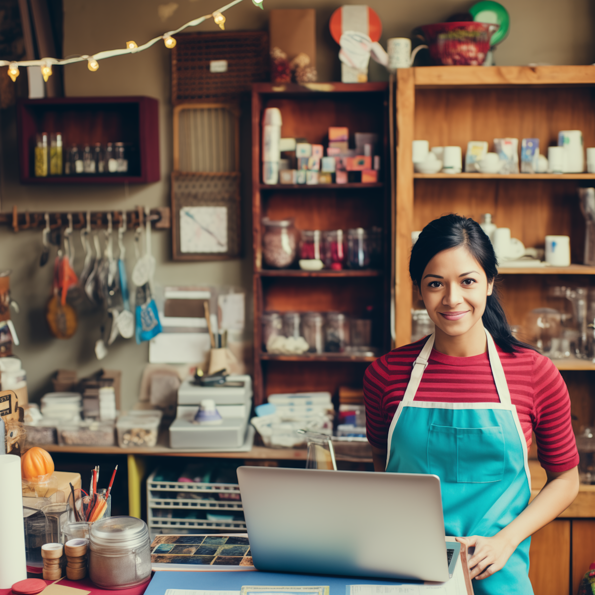 standing girl with laptop on desk